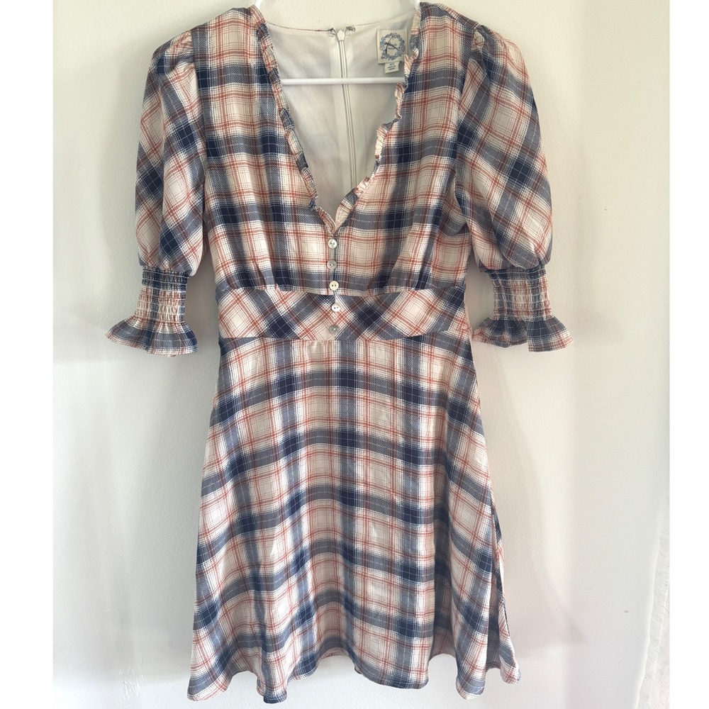 Blue Rain Plaid Mini Dress XS Blue Orange Smocked Cuff Cottagecore preppy autumn